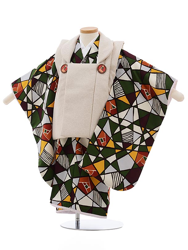 七五三 着物 3歳 レンタル 七五三 3歳 被布 セット 3679 グレージュ×白グリーンステンドグラス柄 女の子 七五三レンタル 3歳 女児 被布 七五三 三...