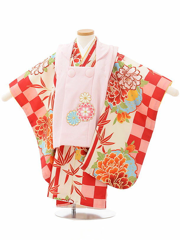 七五三 着物 3歳 レンタル 七五三 3歳 被布 セット 3783薄ピンク×赤ピンク市松牡丹 女の子 七五三レンタル 3歳 女児 被布 七五三 三歳女児 被布コ...