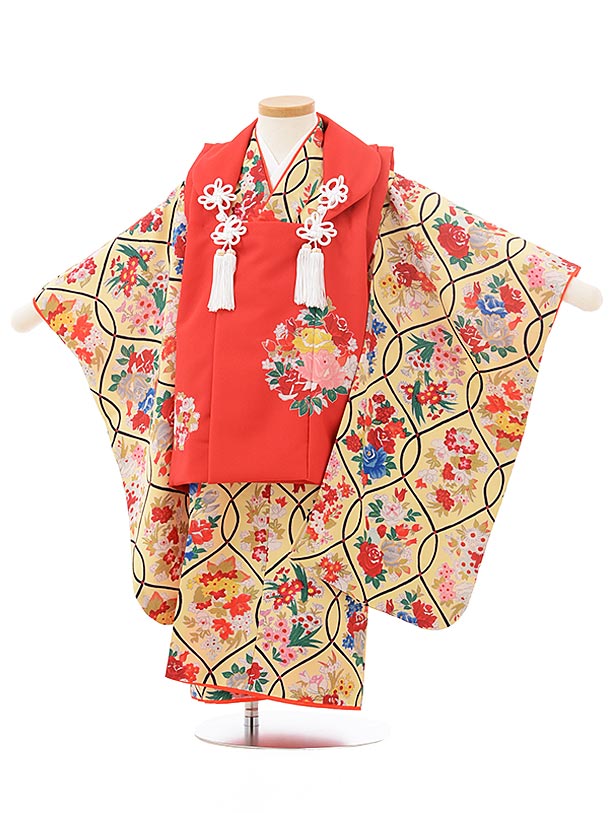 七五三 着物 3歳 レンタル 七五三 3歳 被布 セット 3804式部クラシック 赤×黄色レトロ花 ブランド 女の子 七五三レンタル 3歳 女児 被布 七五三 ...