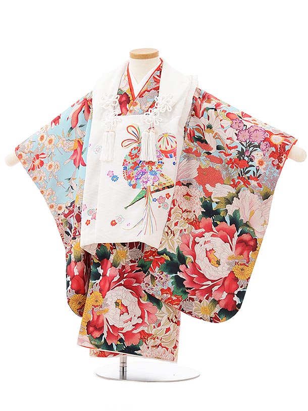 七五三 着物 3歳 レンタル 七五三 3歳 被布 セット 3812白×水色地 大花 女の子 七五三レンタル 3歳 女児 被布 七五三 三歳女児 被布コート 子供...