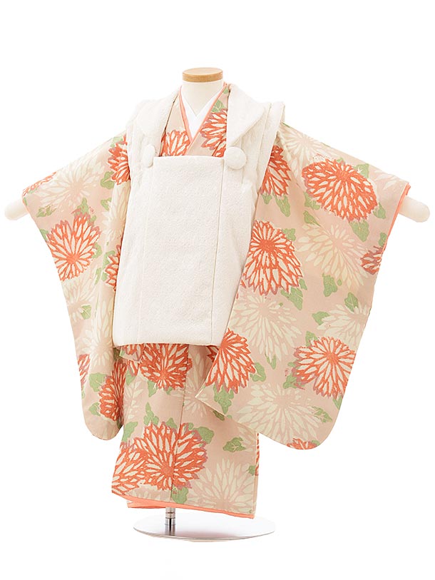 七五三 着物 3歳 レンタル 七五三 3歳 被布 セット 3817オフホワイトレース調×ベージュに橙菊 女の子 七五三レンタル 3歳 女児 被布 七五三 三歳女...