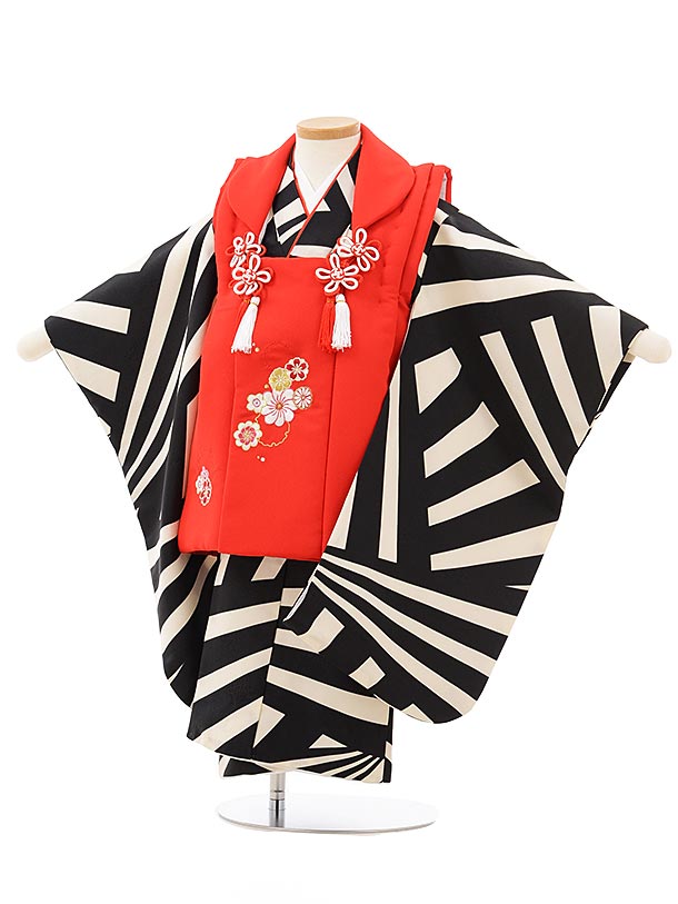 七五三 着物 3歳 レンタル 七五三 3歳 被布 セット 3827赤梅桜刺繍×黒白変わり柄 女の子 七五三レンタル 3歳 女児 被布 七五三 三歳女児 被布コー...