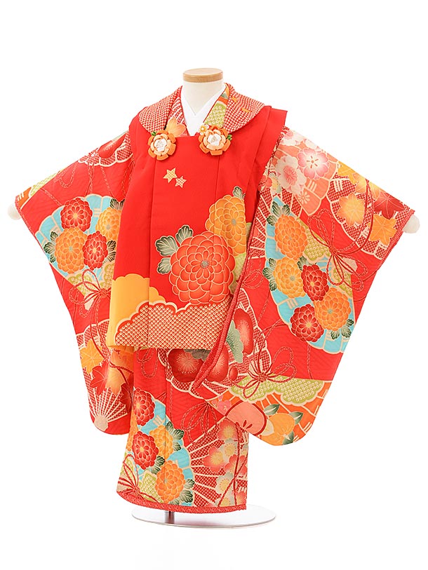 七五三 着物 3歳 レンタル 七五三 3歳 被布 セット 3830赤地菊×赤古典柄 女の子 七五三レンタル 3歳 女児 被布 七五三 三歳女児 被布コート 子供...