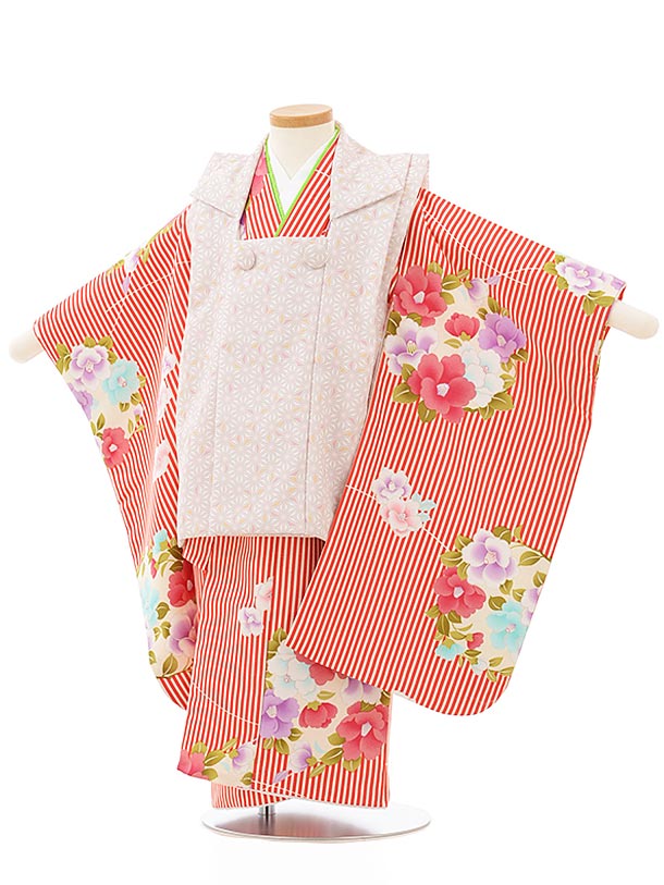 七五三 着物 3歳 レンタル 七五三 3歳 被布 セット 3848 ベージュ麻の葉×赤ストライプ椿 女の子 七五三レンタル 3歳 女児 被布 七五三 三歳女児 ...