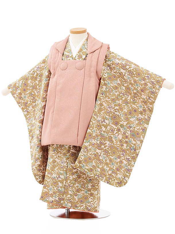 七五三 着物 3歳 レンタル 七五三 3歳 被布 セット 3852 ピンクベージュ×ベージュ紅型風花 女の子 七五三レンタル 3歳 女児 被布 七五三 三歳女児...