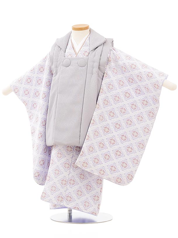 七五三 着物 3歳 レンタル 七五三 3歳 被布 セット 3855 グレー×白地パープル変わり柄 女の子 七五三レンタル 3歳 女児 被布 七五三 三歳女児 被...