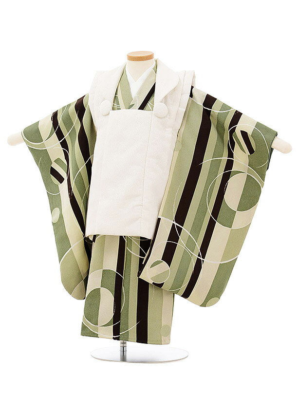 被布 レンタル 男児 七五三 被布 着物 レンタル 七五三 2534白地ラメxグリーン系ストライプ 3歳男の子 七五三 男児 着物 3歳 子供 きもの 被布 セ...