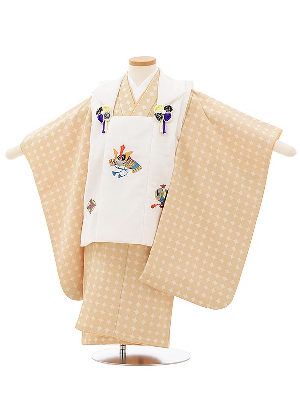 被布 レンタル 男児 七五三 被布 着物 レンタル 七五三 2562白地ししゅうかぶとxベージュ丸柄 3歳男の子 七五三 男児 着物 3歳 子供 きもの 被布 ...