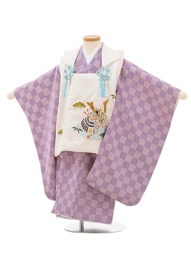 被布 レンタル 男児 七五三 被布 着物 レンタル 七五三 正絹2567白地兜xパープル変わり市松 3歳男の子 七五三 男児 着物 3歳 子供 きもの 被布 セ...