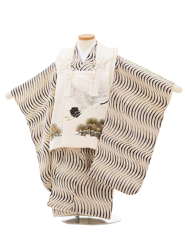 被布 レンタル 男児 七五三 被布 着物 レンタル 七五三 正絹2579オフホワイト松鶴xアイボリー変わり柄 3歳男の子 七五三 男児 着物 3歳 子供 きもの...