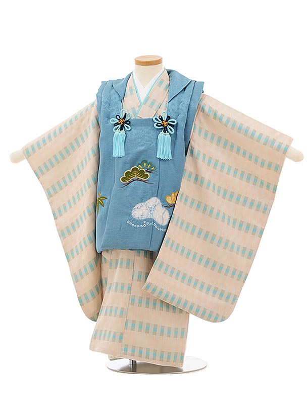 被布 レンタル 男児 七五三 被布 着物 レンタル 七五三 高級正絹2583ブルーグレー刺繍松笹xベージュ変わり柄 3歳男の子 七五三 男児 着物 3歳 子供 ...