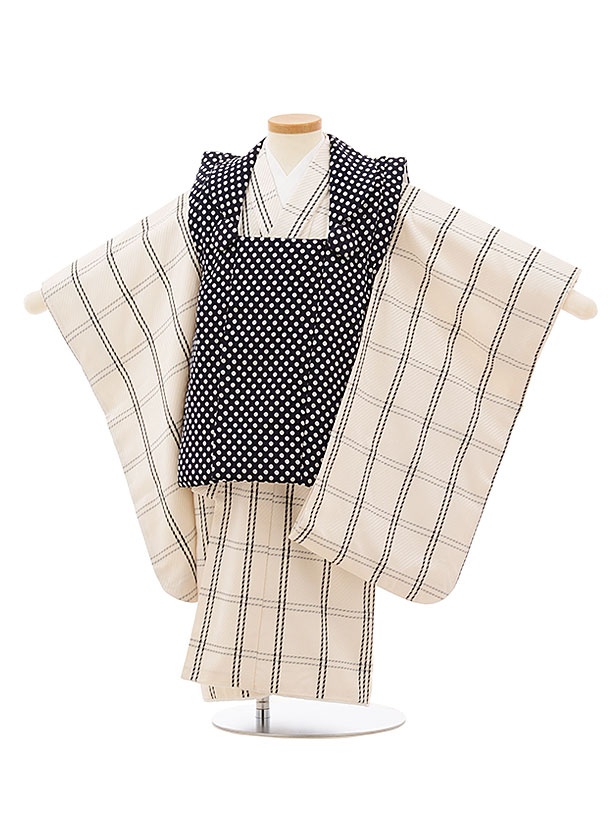 被布 レンタル 男児 七五三 被布 着物 レンタル 七五三 2594黒白ドットxオフホワイトチェック 3歳男の子 七五三 男児 着物 3歳 子供 きもの 被布 ...