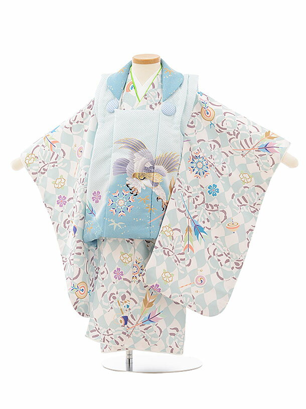 被布 レンタル 男児 七五三 被布 着物 レンタル 七五三 2598水色ぼかし鷹x水色変わり市松 3歳男の子 七五三 男児 着物 3歳 子供 きもの 被布 セッ...