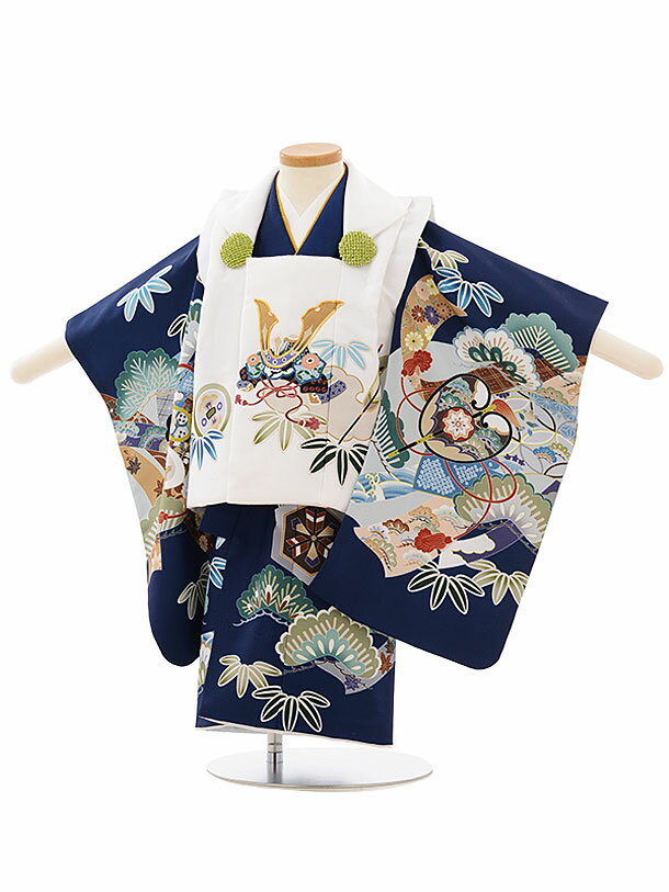 被布 レンタル 男児 七五三 被布 着物 レンタル 七五三 2611白地かぶと x 紺地吉祥文様 2歳男の子 七五三 男児 着物 3歳 子供 きもの 被布 セッ...