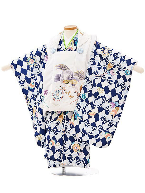 被布 レンタル 男児 七五三 被布 着物 レンタル 七五三 2685白地矢羽根鷹x紺白おもちゃ 3歳男の子 七五三 男児 着物 3歳 子供 きもの 被布 セット...