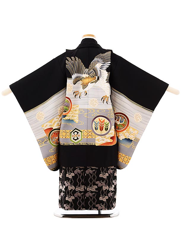 七五三レンタル 男の子 5698黒地丸紋鷹x黒地桐袴 5歳 男の子 レンタル 袴セット 正絹 男児 753 フルセット 着物 子ども きものレンタル 七五三レンタル 羽織 お正月 和装 お祝い 5才 男の子 袴 新品足袋プレゼント 往復送料無料【レンタル】 2