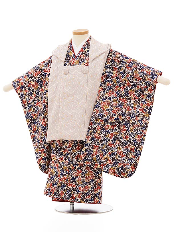 七五三 着物 3歳 レンタル 七五三 3歳 被布 セット 3870ベージュ白麻の葉x多色梅小鳥 女の子 七五三レンタル 3歳 女児 被布 七五三 三歳女児 被布...