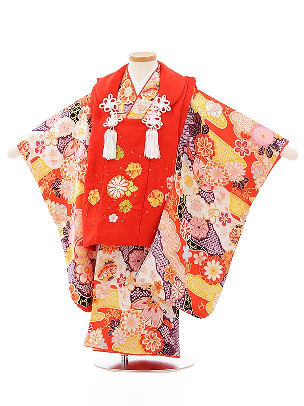 七五三 着物 3歳 レンタル 七五三 3歳 被布 セット 正絹 3884赤菊梅x赤地花鞠 女の子 七五三レンタル 3歳 女児 被布 七五三 三歳女児 被布コート...