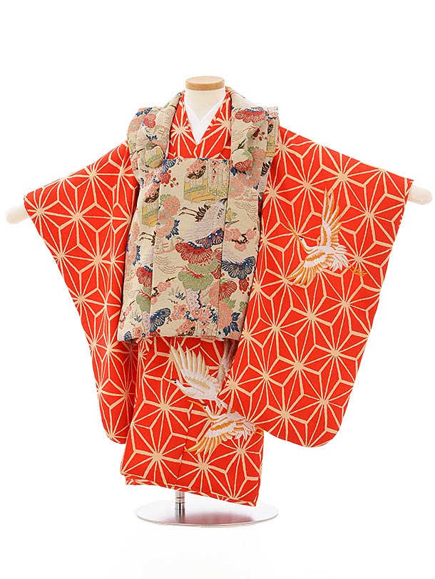 七五三 着物 3歳 レンタル 七五三 3歳 被布 セット 3895ベージュレトロ調x赤麻の葉鶴刺繍 女の子 七五三レンタル 3歳 女児 被布 七五三 三歳女児 ...