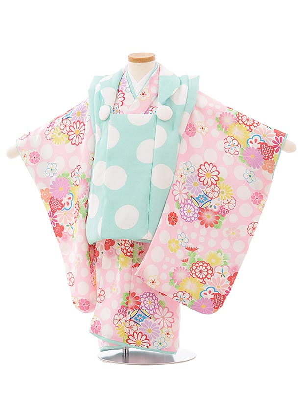 七五三 着物 3歳 レンタル 七五三 3歳 被布 セット 3910パステルグリーンドットxピンクドット花 女の子 七五三レンタル 3歳 女児 被布 七五三 三歳...