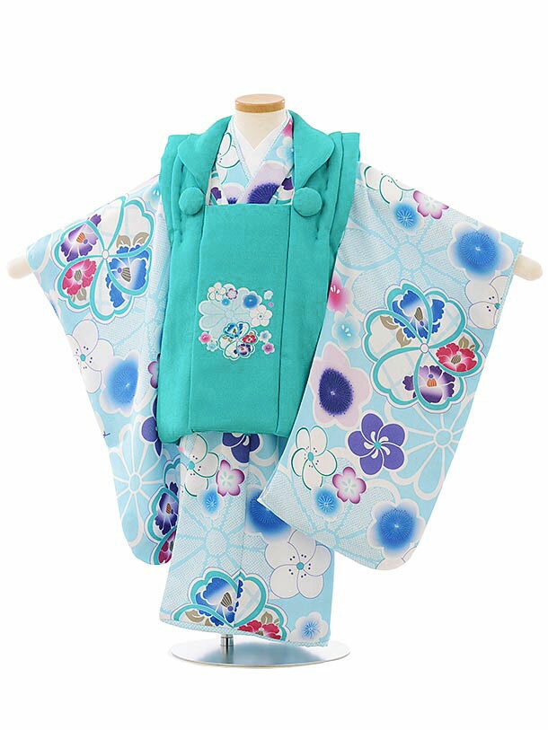七五三 着物 3歳 レンタル 七五三 3歳 被布 セット 3913ターコイズ梅菊x水色梅菊 女の子 七五三レンタル 3歳 女児 被布 七五三 三歳女児 被布コー...