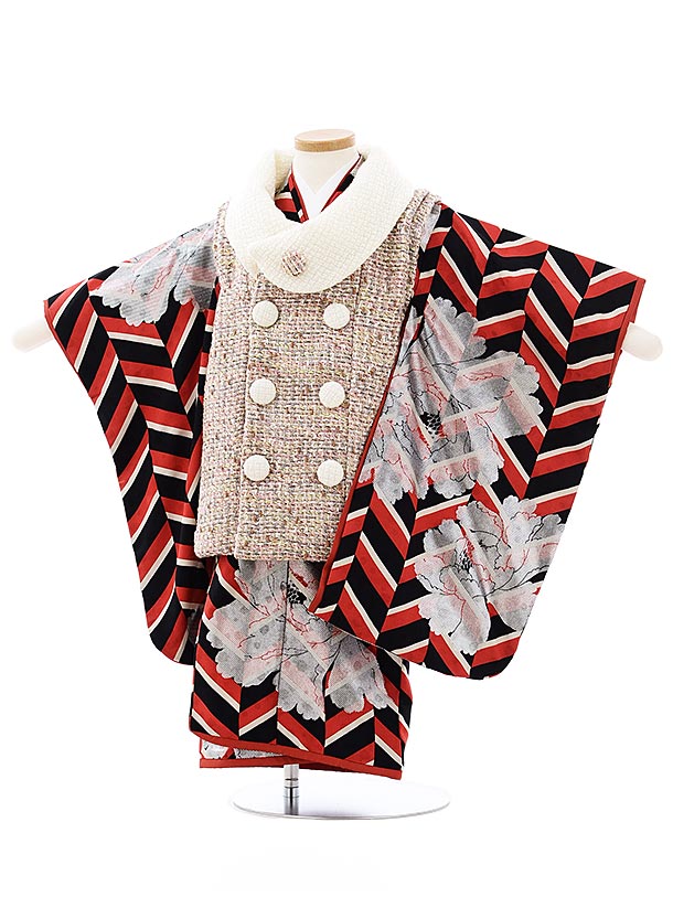 七五三 着物 3歳 レンタル 七五三 3歳 被布 セット 3982 モダンアンテナ モッズピンクx赤黒ヘリンボーン大花 女の子 七五三レンタル 3歳 女児 被布...