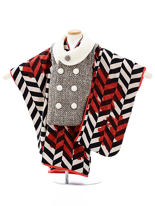 七五三 着物 3歳 レンタル 七五三 3歳 被布 セット 3983 モダンアンテナ モッズ黒x黒ベージュヘリンボーン大花 女の子 七五三レンタル 3歳 女児 被...