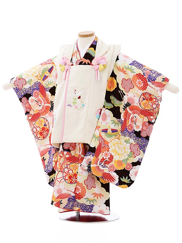 七五三 着物 3歳 レンタル 七五三 3歳 被布 セット 3987 式部浪漫 オフホワイトx茶色雲取り鶴 女の子 七五三レンタル 3歳 女児 被布 七五三 三歳...