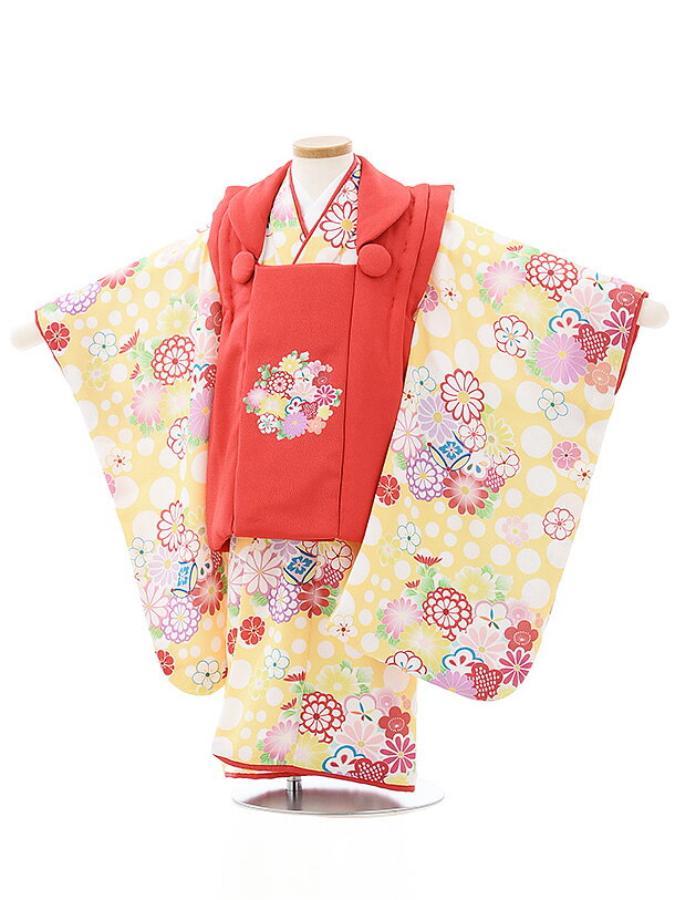 七五三 着物 3歳 レンタル 七五三 3歳 被布 セット 3996赤x黄色ドット花 女の子 七五三レンタル 3歳 女児 被布 七五三 三歳女児 被布コート 子供...