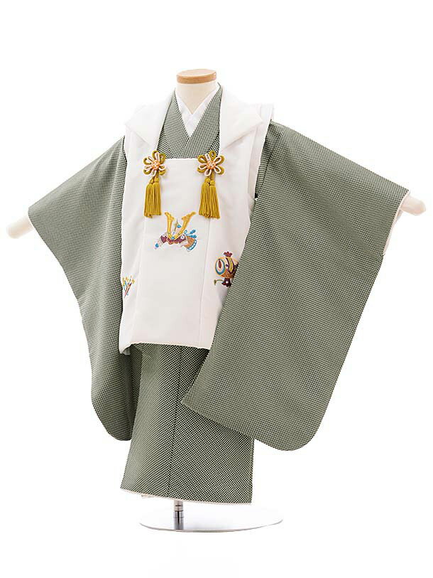 七五三 着物 3歳 男の子 被布 レンタル 男児 七五三 着物 七五三レンタル 2339 白かぶと 刺繍×グリーンベージュ 3歳 3才 3歳男の子 男児 着物 ...
