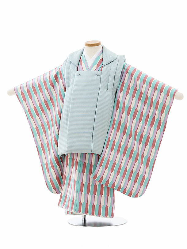 被布 レンタル 男児 七五三 被布 着物 レンタル 七五三 2729【正絹】水色x白ピンクグリーン変わり柄 3歳男の子 七五三 男児 着物 3歳 子供 きもの ...