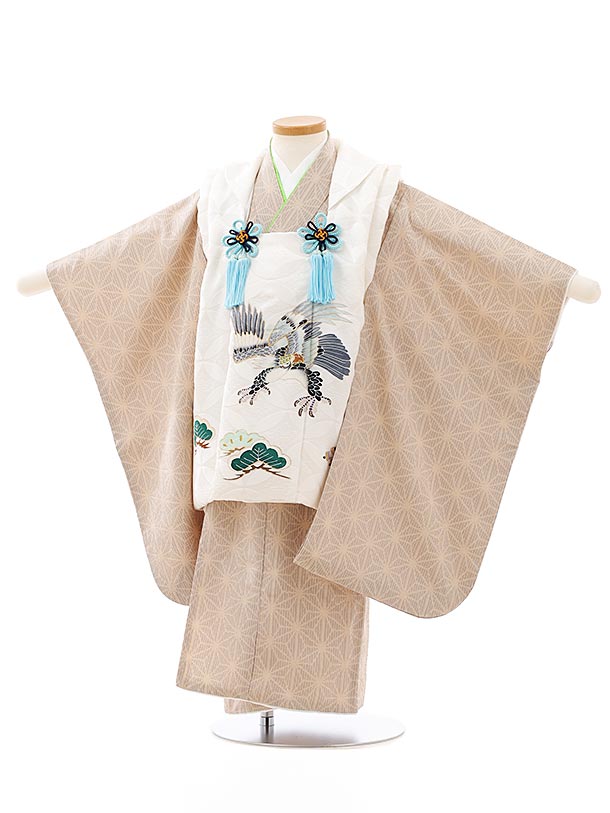 被布 レンタル 男児 七五三 被布 着物 レンタル 七五三 2750【正絹】ホワイト地松鷹×ベージュ麻の葉 3歳男の子 七五三 男児 着物 3歳 子供 きもの ...