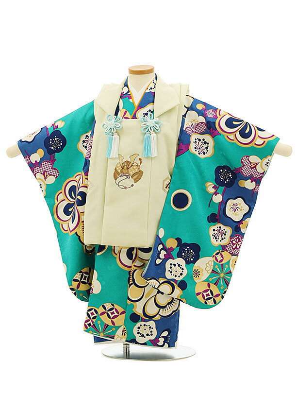 被布 レンタル 男児 七五三 被布 着物 レンタル 七五三 2758淡グリーン兜刺繍xターコイズ梅 3歳男の子 七五三 男児 着物 3歳 子供 きもの 被布 セ...
