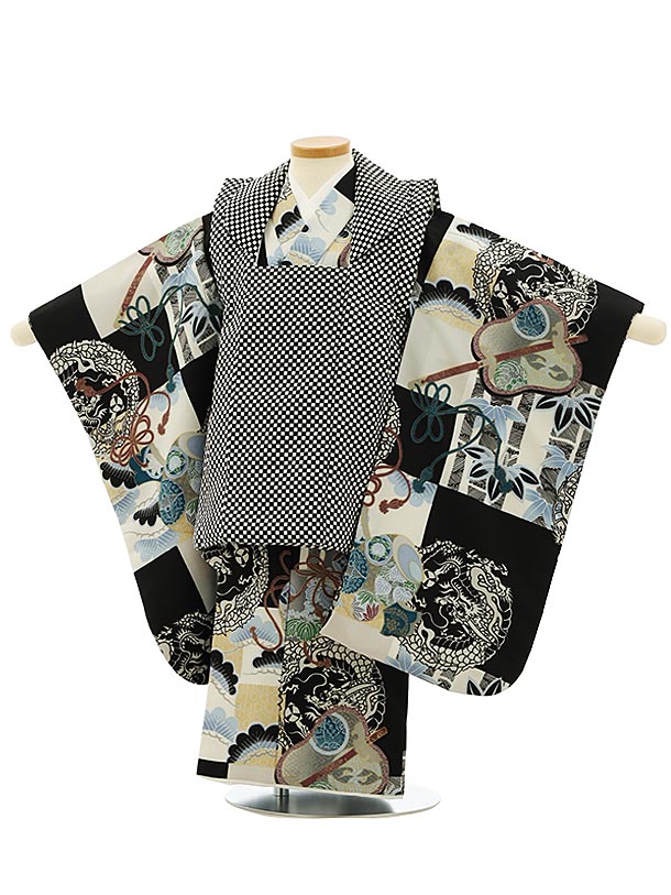 被布 レンタル 男児 七五三 被布 着物 レンタル 七五三 2768黒白市松x黒白地龍 3歳男の子 七五三 男児 着物 3歳 子供 きもの 被布 セット お正月...