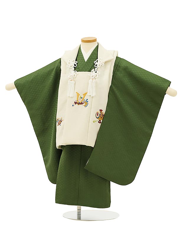 七五三 着物 3歳 男の子 被布 レンタル 男児 七五三 着物 七五三レンタル 2786白地兜刺繍x緑 3歳 3才 3歳男の子 男児 着物 子供 きもの被布セッ...