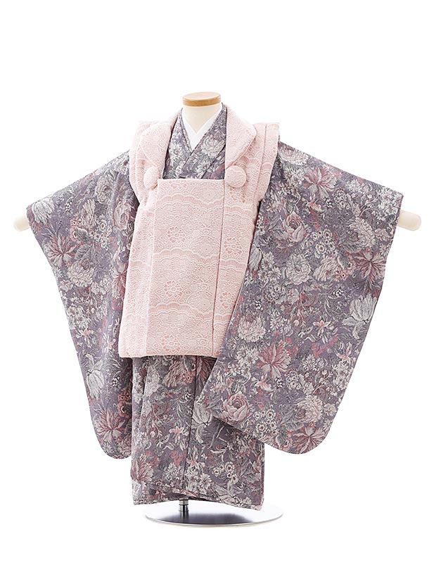 七五三 着物 3歳 レンタル 七五三 3歳 被布 セット 4059ピンクレース調xグレージャガード花 女の子 七五三レンタル 3歳 女児 被布 七五三 三歳女児...