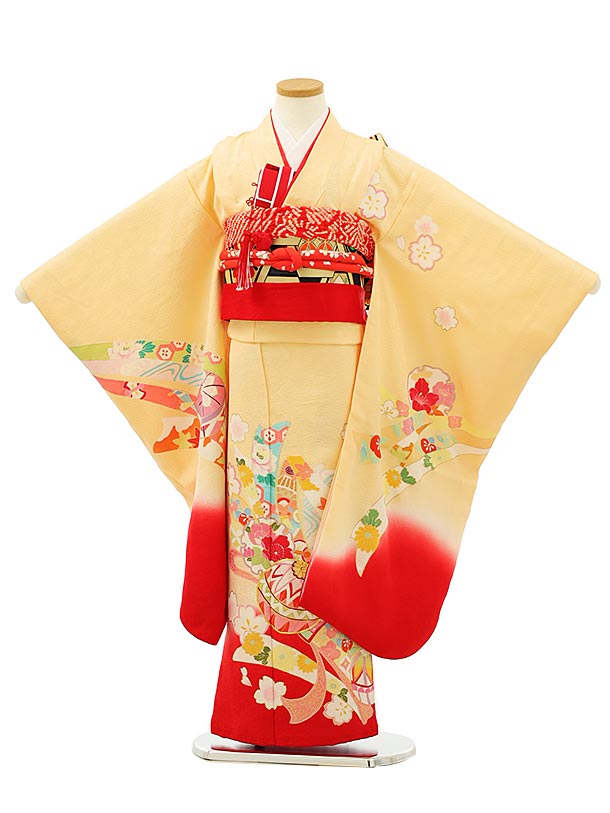 七五三 着物 7歳 フルセット レンタル 女の子 高級正絹 7957 卵色 裾赤束ね熨斗にまり 753 子ども お祝い着 正月 ブランド 7才 七才 七歳 女児 フルセットレンタル 7歳着物フルセット きものレンタル 新品足袋プレゼント 往復送料無料【レンタル】