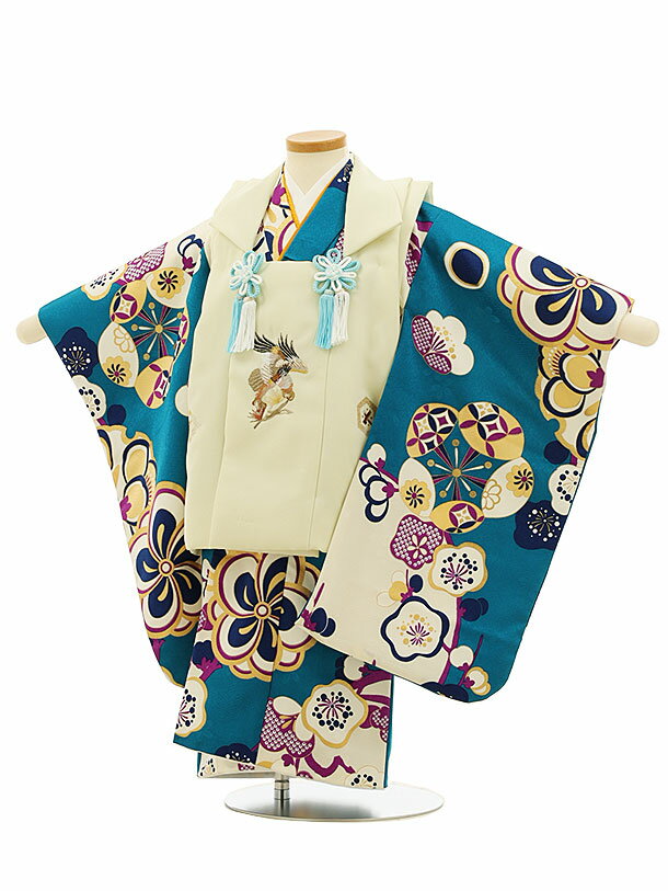 被布 レンタル 男児 七五三 被布 着物 レンタル 七五三 2762淡グリーン鷹刺繍xターコイズ梅 3歳男の子 七五三 男児 着物 3歳 子供 きもの 被布 セ...