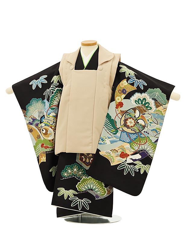 被布 レンタル 男児 七五三 被布 着物 レンタル 七五三 2774ベージュx黒地松熨斗軍配 3歳男の子 七五三 男児 着物 3歳 子供 きもの 被布 セット ...