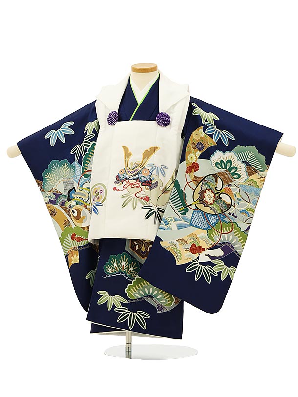 被布 レンタル 男児 七五三 被布 着物 レンタル 七五三 2778白兜x紺地松熨斗軍配 3歳男の子 七五三 男児 着物 3歳 子供 きもの 被布 セット お正...