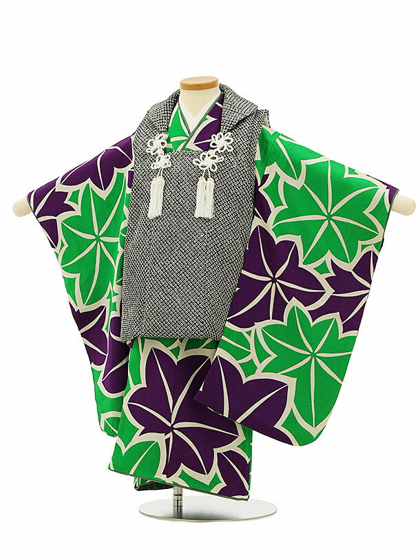 七五三 着物 3歳 男の子 被布 レンタル 男児 七五三 着物 七五三レンタル 2788(正絹)黒地絞りxグリーンもみじ 3歳 3才 3歳男の子 男児 着物 子...