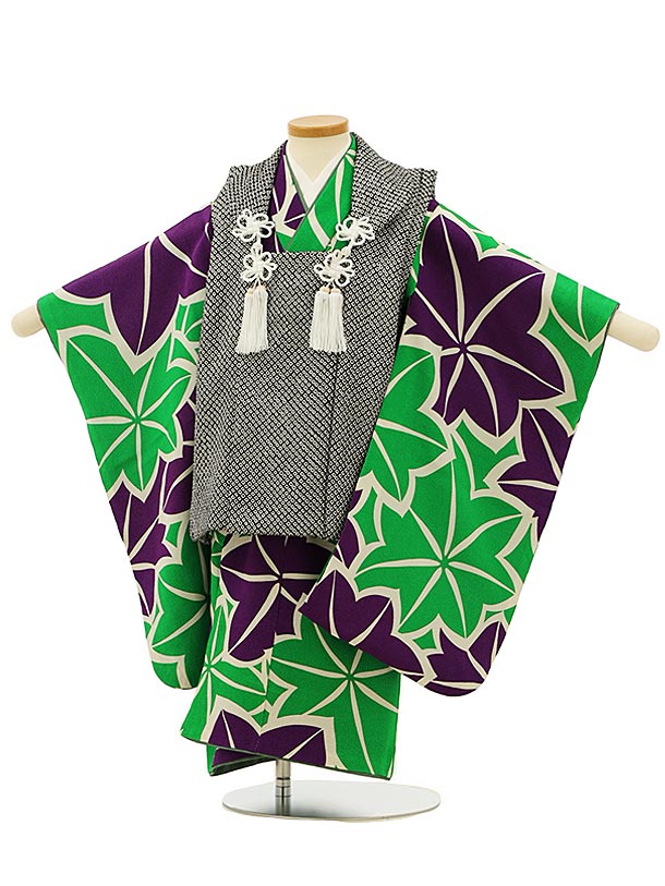 七五三 着物 3歳 男の子 被布 レンタル 男児 七五三 着物 七五三レンタル 2789(正絹)黒地絞りxグリーンもみじ 3歳 3才 3歳男の子 男児 着物 子...