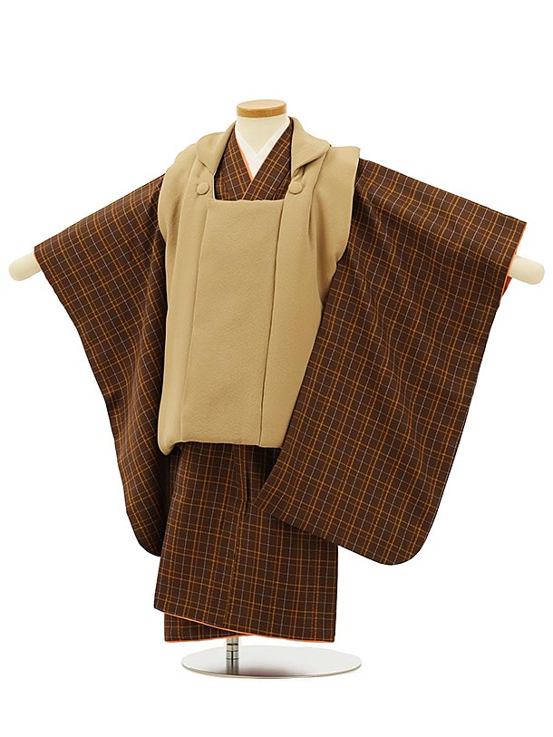 七五三 着物 3歳 男の子 被布 レンタル 男児 七五三 着物 七五三レンタル 2792(正絹)ベージュxブラウンチェック 3歳 3才 3歳男の子 男児 着物 ...