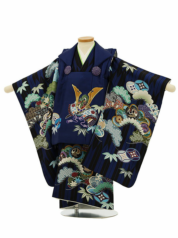 七五三 着物 3歳 男の子 被布 レンタル 男児 七五三 着物 七五三レンタル 2823紺兜x黒ブルー矢羽根吉祥文様 3歳 3才 3歳男の子 男児 着物 子供 ...