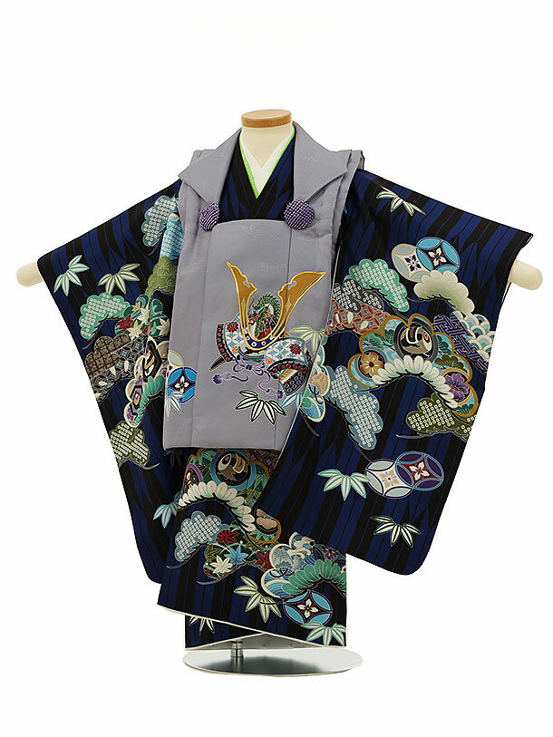 七五三 着物 3歳 男の子 被布 レンタル 男児 七五三 着物 七五三レンタル 2825グレーパープルx黒ブルー矢羽根吉祥文様 3歳 3才 3歳男の子 男児 着...