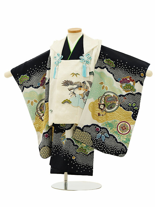 七五三 着物 3歳 男の子 被布 レンタル 男児 七五三 着物 七五三レンタル 正絹 2829白地鷹x紺地雲取り丸紋 3歳 3才 3歳男の子 男児 着物 子供 ...