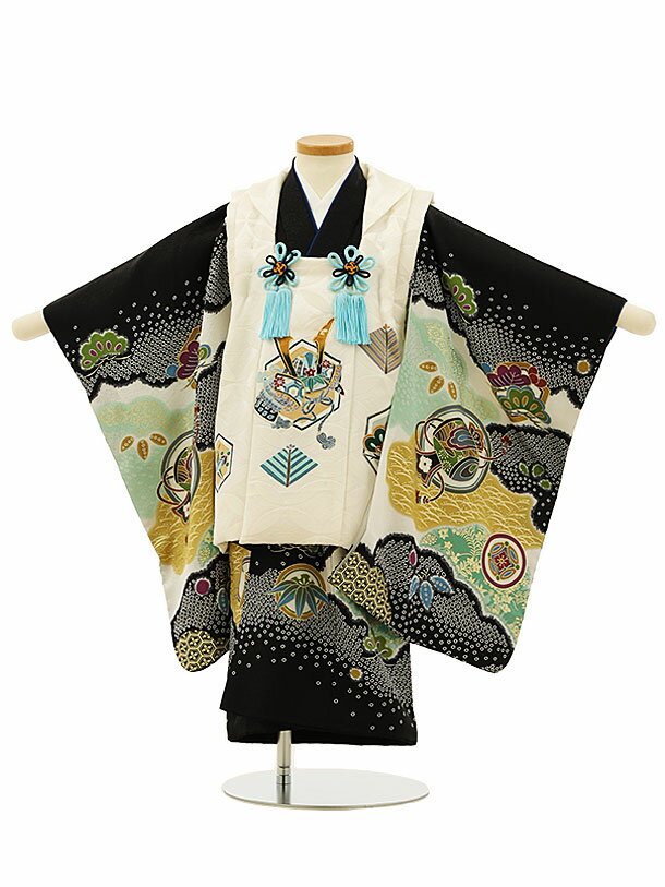 七五三 着物 3歳 男の子 被布 レンタル 男児 七五三 着物 七五三レンタル 正絹 2832白地亀甲紋かぶとx黒地雲取り丸紋 3歳 3才 3歳男の子 男児 着...