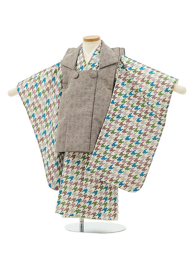 七五三 着物 3歳 男の子 被布 レンタル 男児 七五三 着物 七五三レンタル 2834ブラウンベージュx白ブラウン千鳥格子 3歳 3才 3歳男の子 男児 着物...