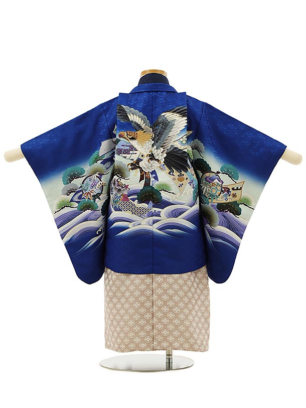 【レンタル】着物 かんたん七五三(3歳男袴)2861 ブルー波に束ね熨斗鷹×ピンクベージュ袴 3歳 袴（簡単着付け） フルセット 男の子 お祝い着 正月 3才 男児 きものレンタル〔往復送料無料〕