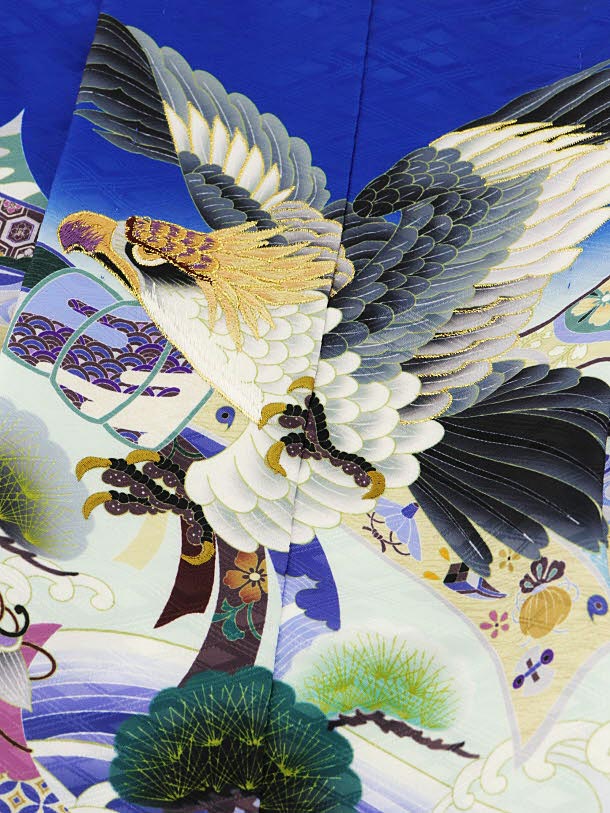 【レンタル】着物 かんたん七五三(3歳男袴)2861 ブルー波に束ね熨斗鷹×ピンクベージュ袴 3歳 袴（簡単着付け） フルセット 男の子 お祝い着 正月 3才 男児 きものレンタル〔往復送料無料〕